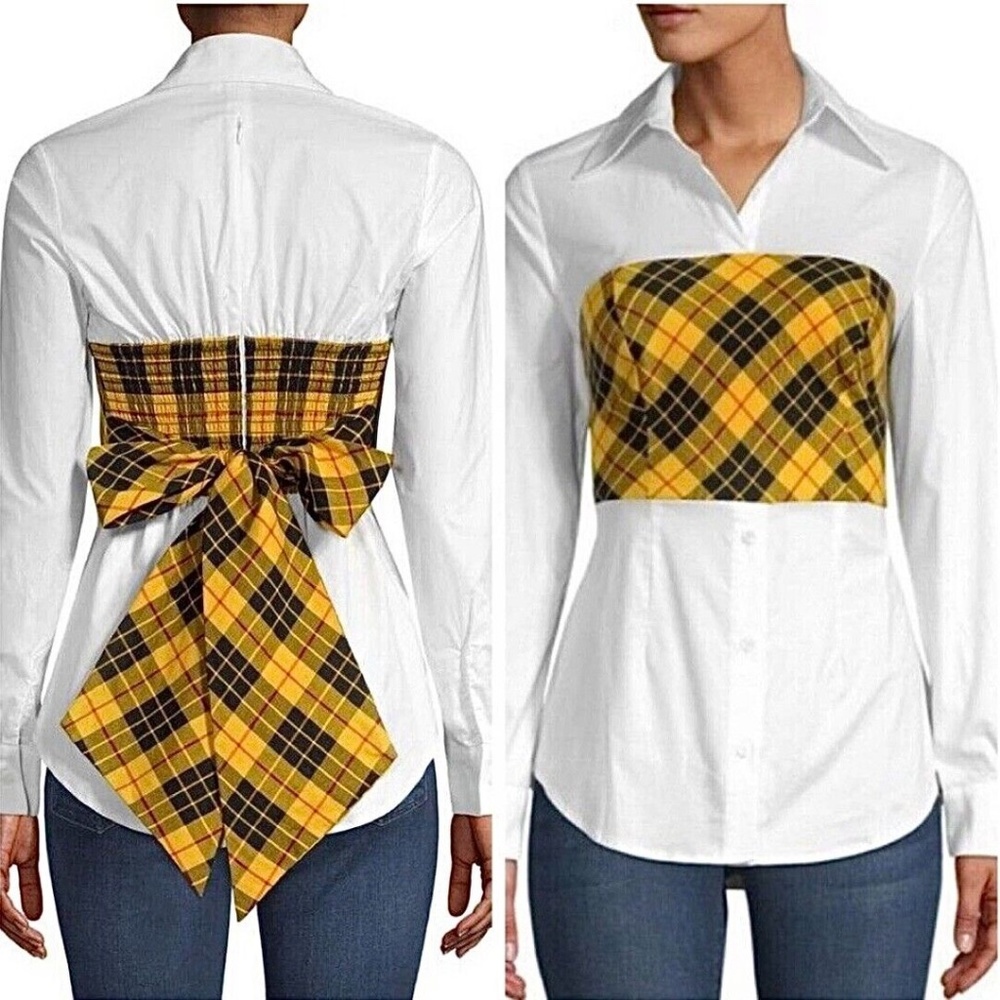 New Petersyn Plaid Bodice Layered Look Button Down Shirt Yellow White Size XS
